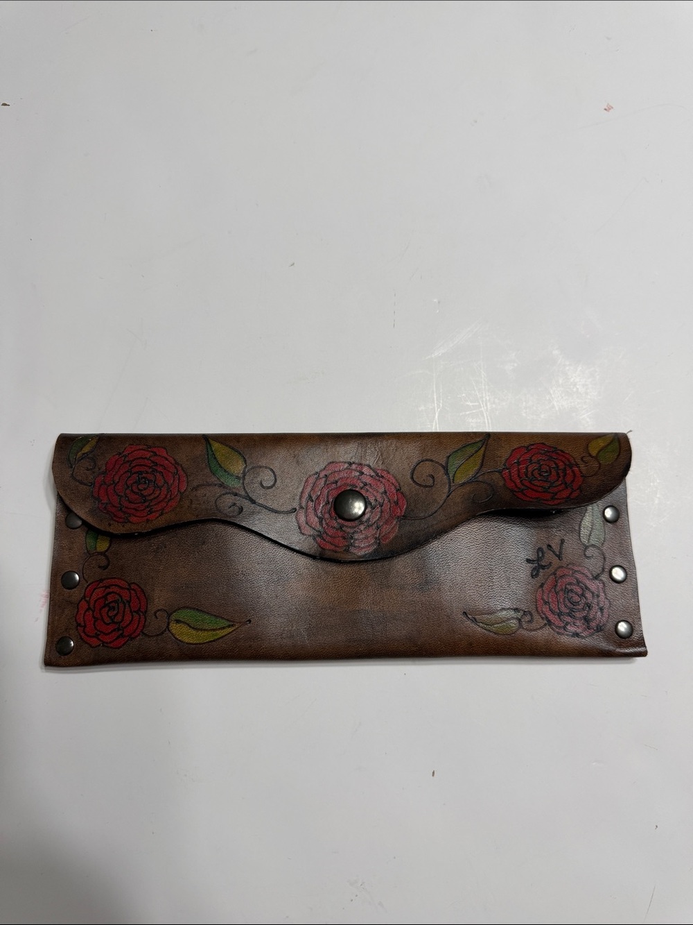 African Blackwood Brown Leather Floral Wallet Clutch - Red Rose Design